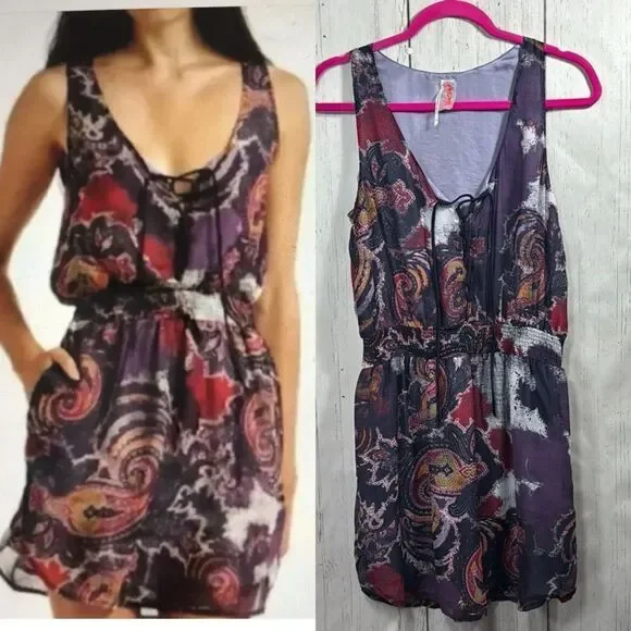 Free People Boho Paisley Print Mini Dress Lace Up Sleeveless Festival Indie - Picture 1 of 16